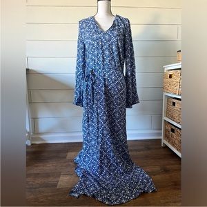 Lulu’s Women’s Mandala Daydream Blue Print Maxi Dress Long Sleeves Versatile
